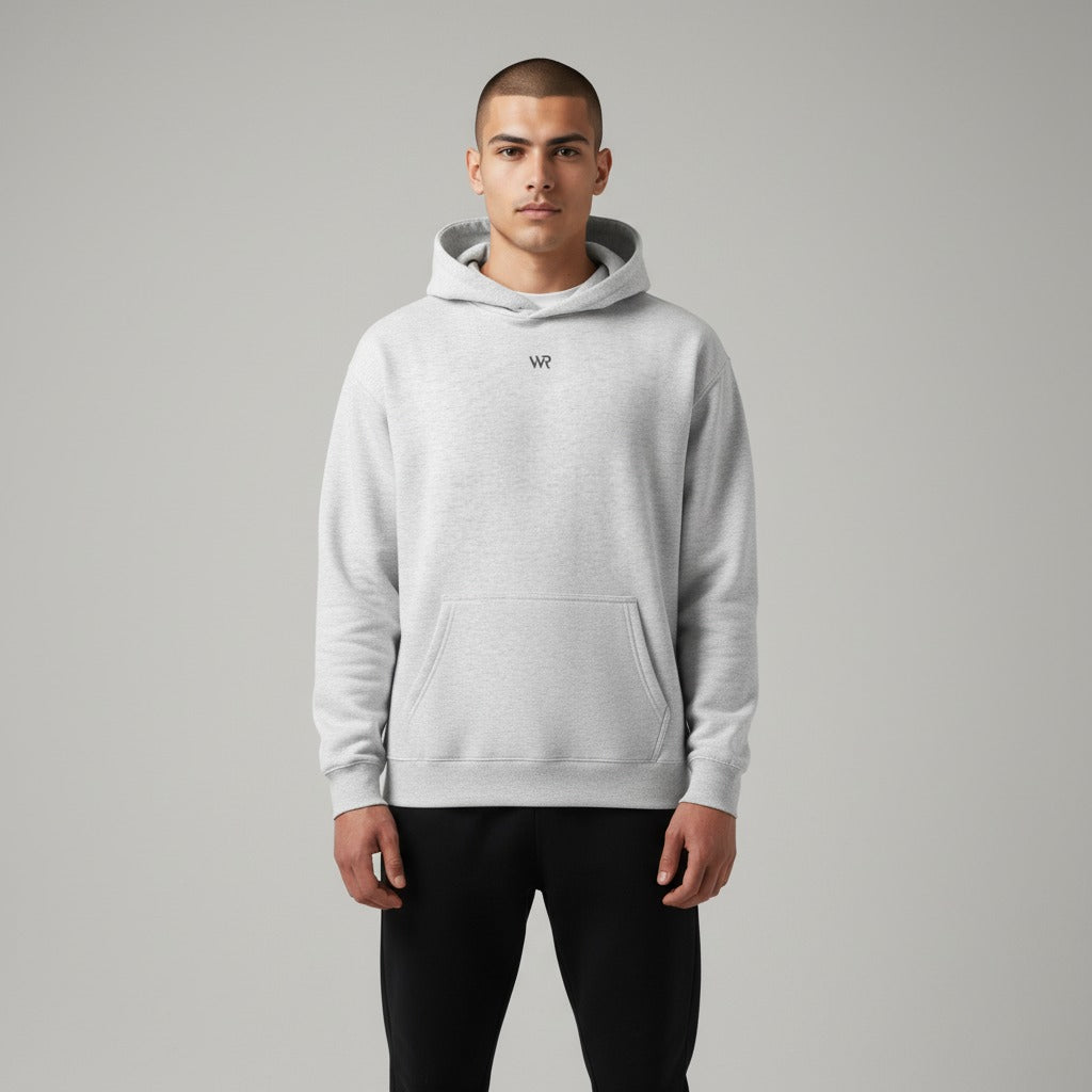 Men's premium heavyweight hoodie in white heather with "WR" logo, front view.