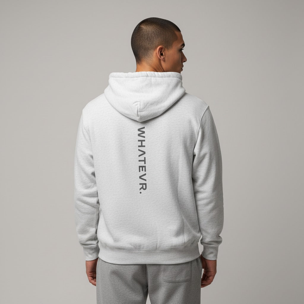 Men's premium heavyweight hoodie in ash heather with "WHATEVR" text, back view.