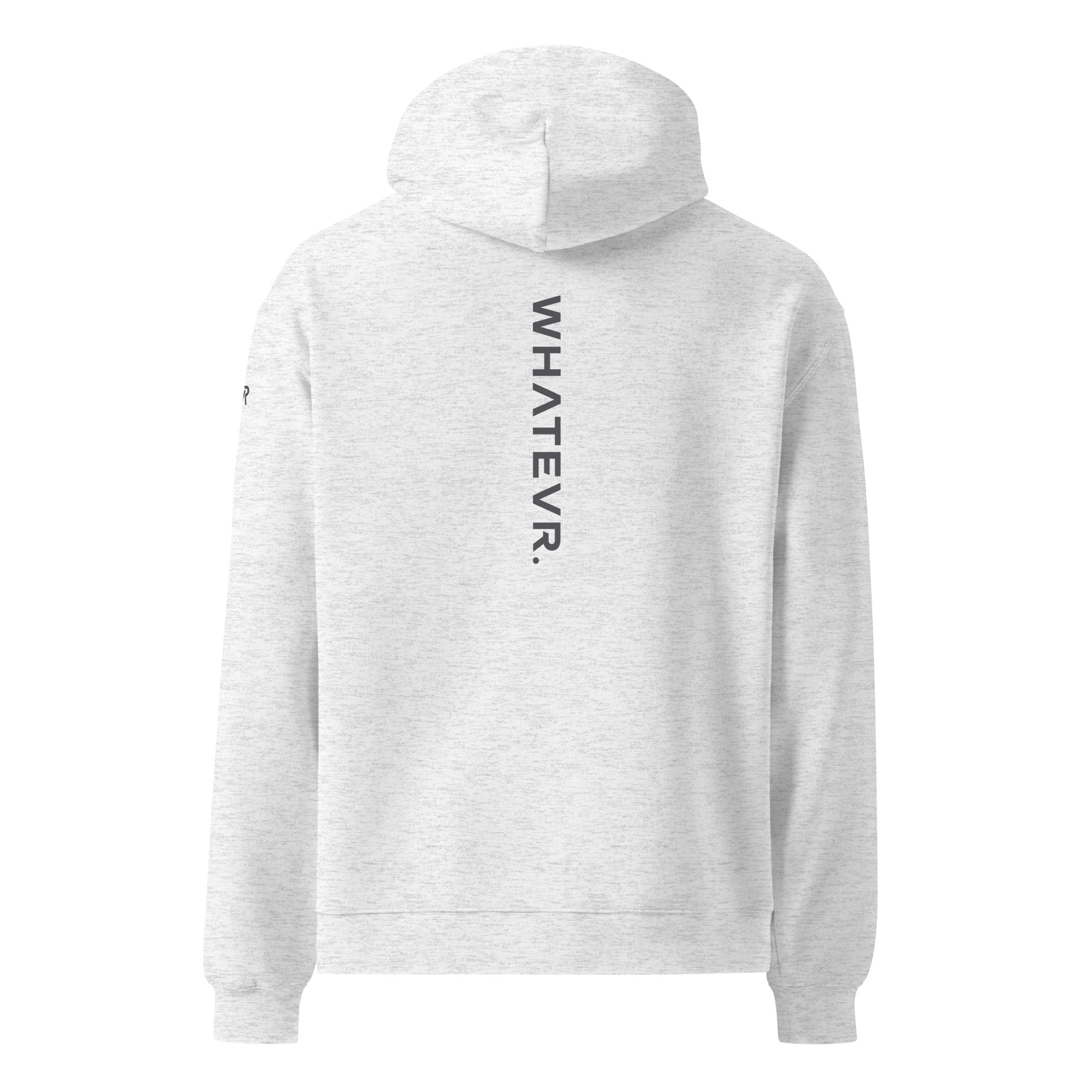 Men's premium heavyweight hoodie in ash heather with "WHATEVR" text, back view.