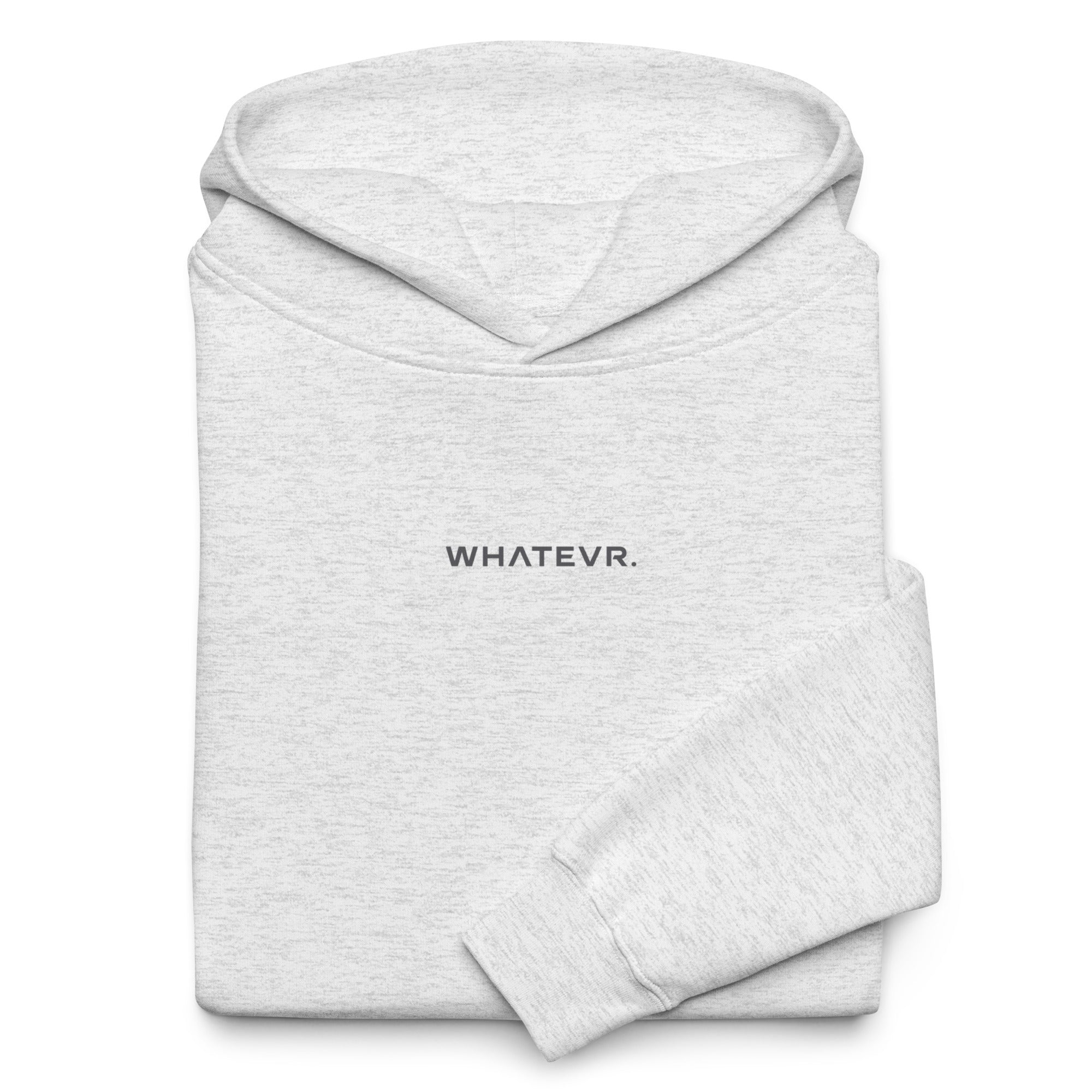 Men's signature premium heavyweight hoodie in ash heather with "WHATEVR" text, front view.