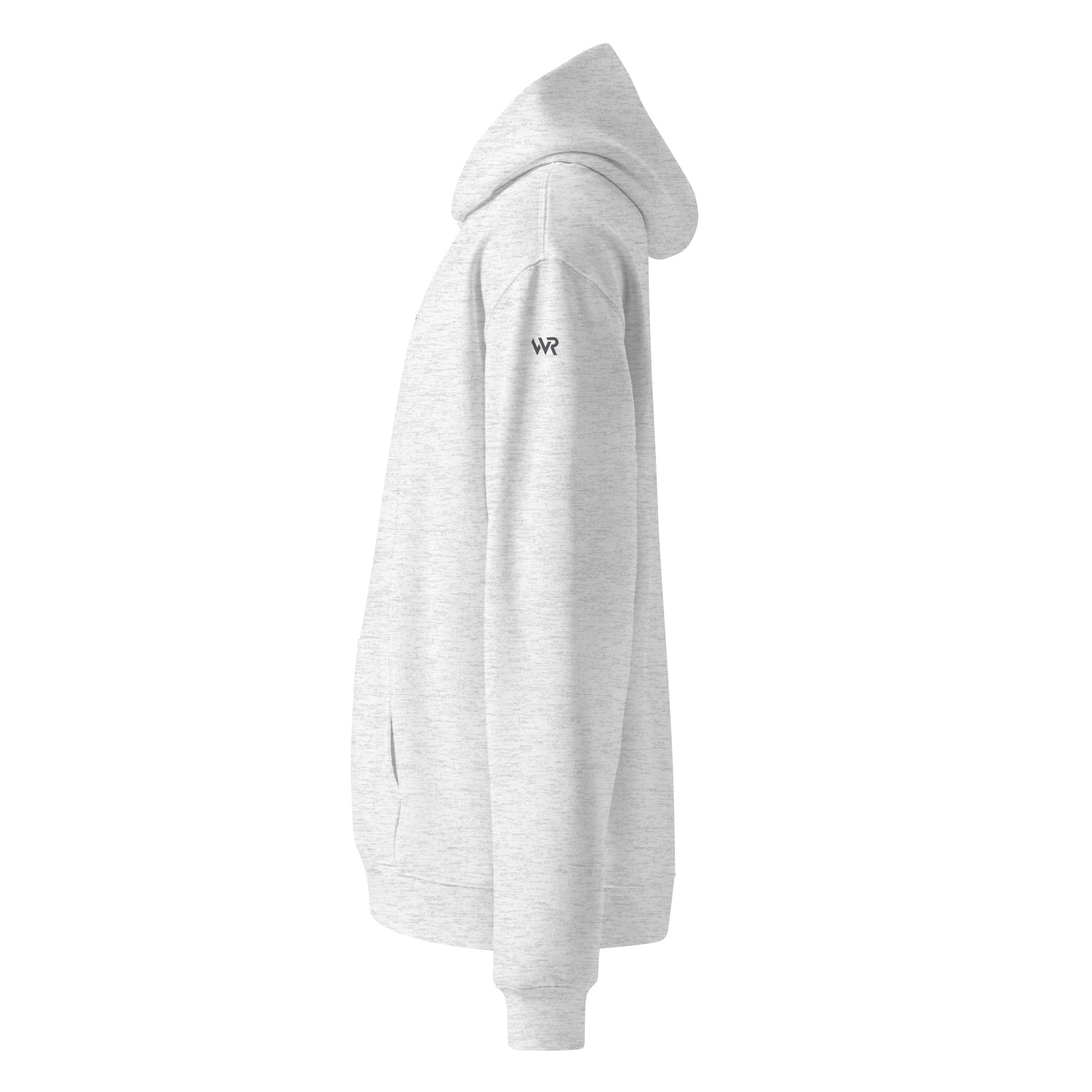 Men's signature premium heavyweight hoodie in ash heather with "WR" logo, side view.