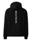Men's premium heavyweight hoodie in black with "WHATEVR" text, back view.