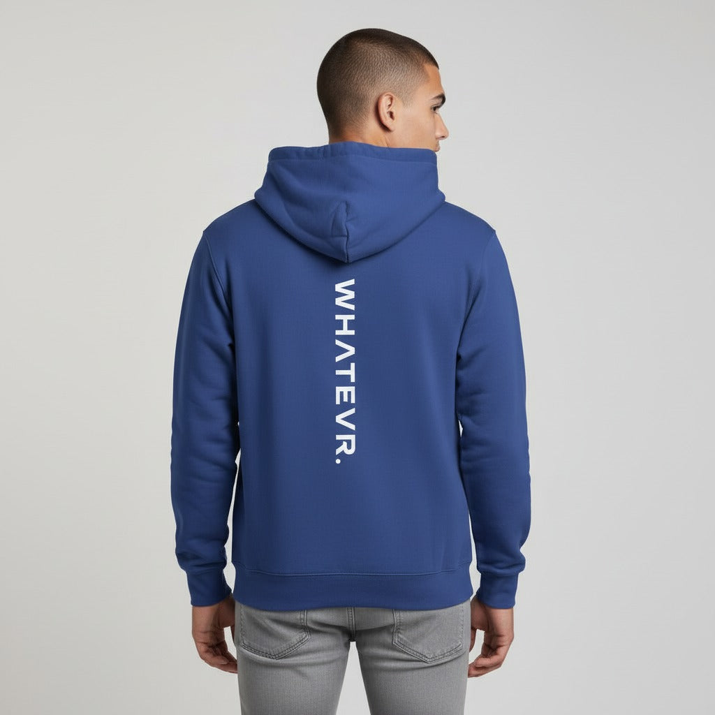 Men's premium heavyweight hoodie in blue with "WHATEVR" text, back view.