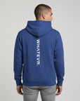 Men's premium heavyweight hoodie in blue with "WHATEVR" text, back view.