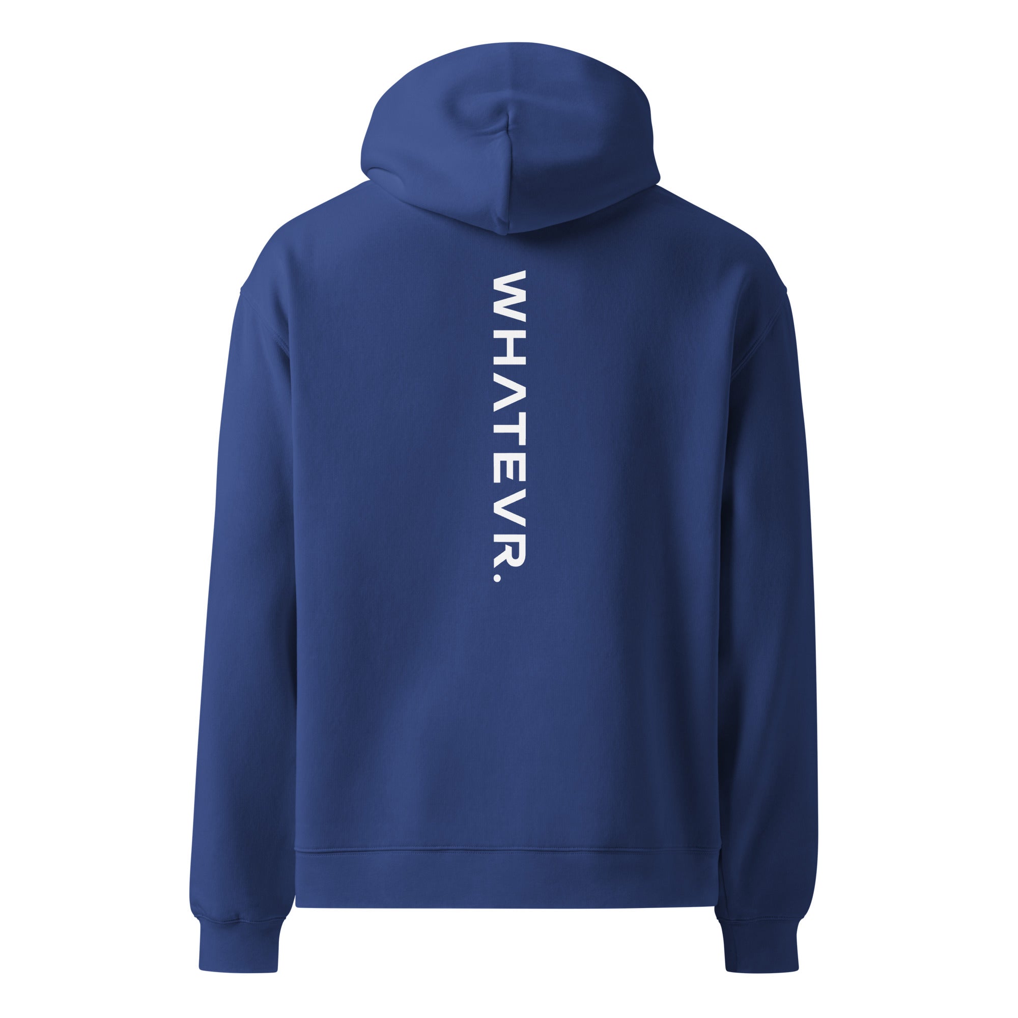 Men's premium heavyweight hoodie in blue with "WHATEVR" text, back view.