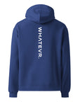 Men's premium heavyweight hoodie in blue with "WHATEVR" text, back view.