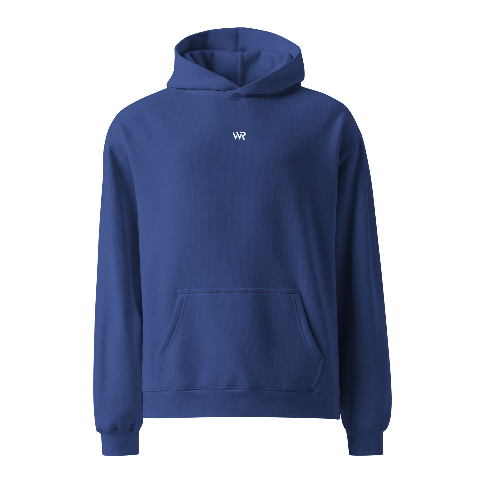 Men's premium heavyweight hoodie in blue with "WR" logo, front view.