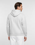 Men's premium heavyweight hoodie in ash heather, back view.