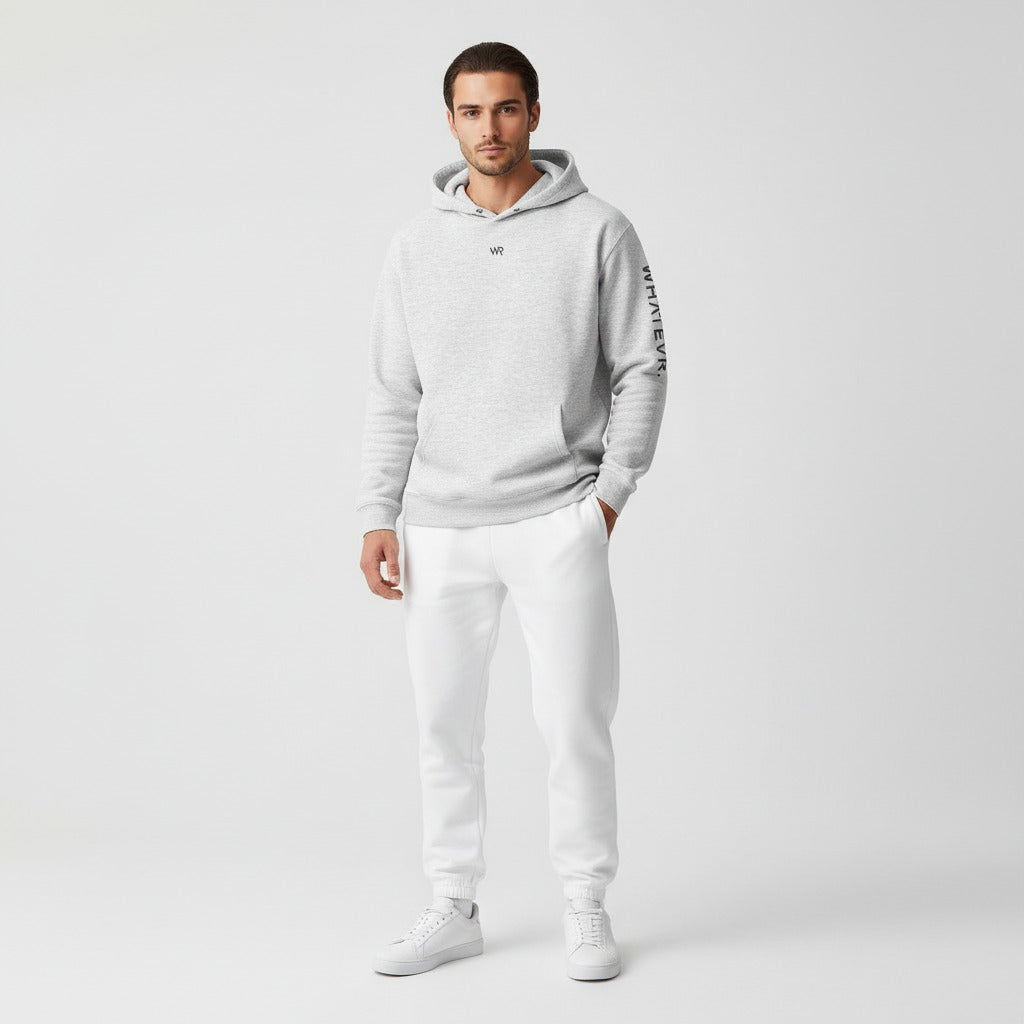 Men's premium heavyweight hoodie in ash heather with "WR" logo, front view.