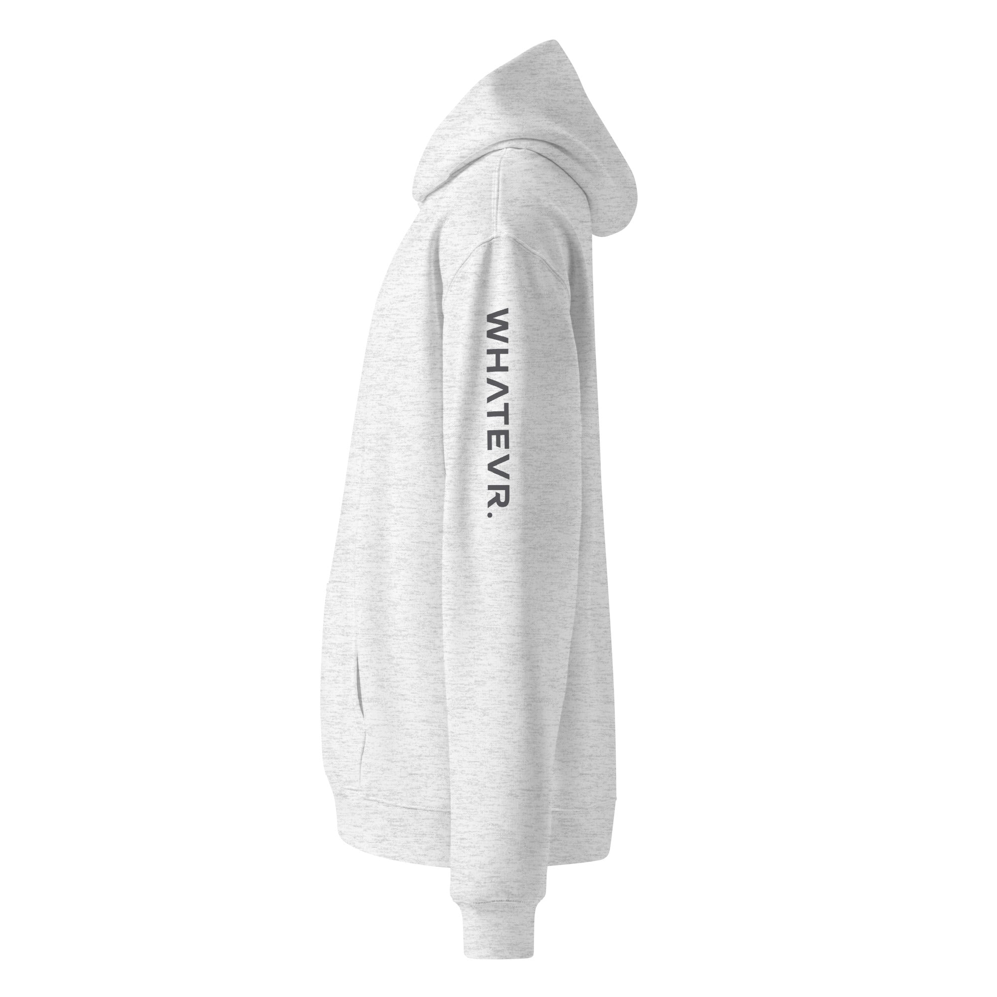Men's premium heavyweight hoodie in ash heather with "WHATEVR" text, side view.