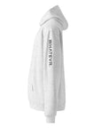 Men's premium heavyweight hoodie in ash heather with "WHATEVR" text, side view.