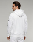 Men's premium heavyweight hoodie in white, back view.