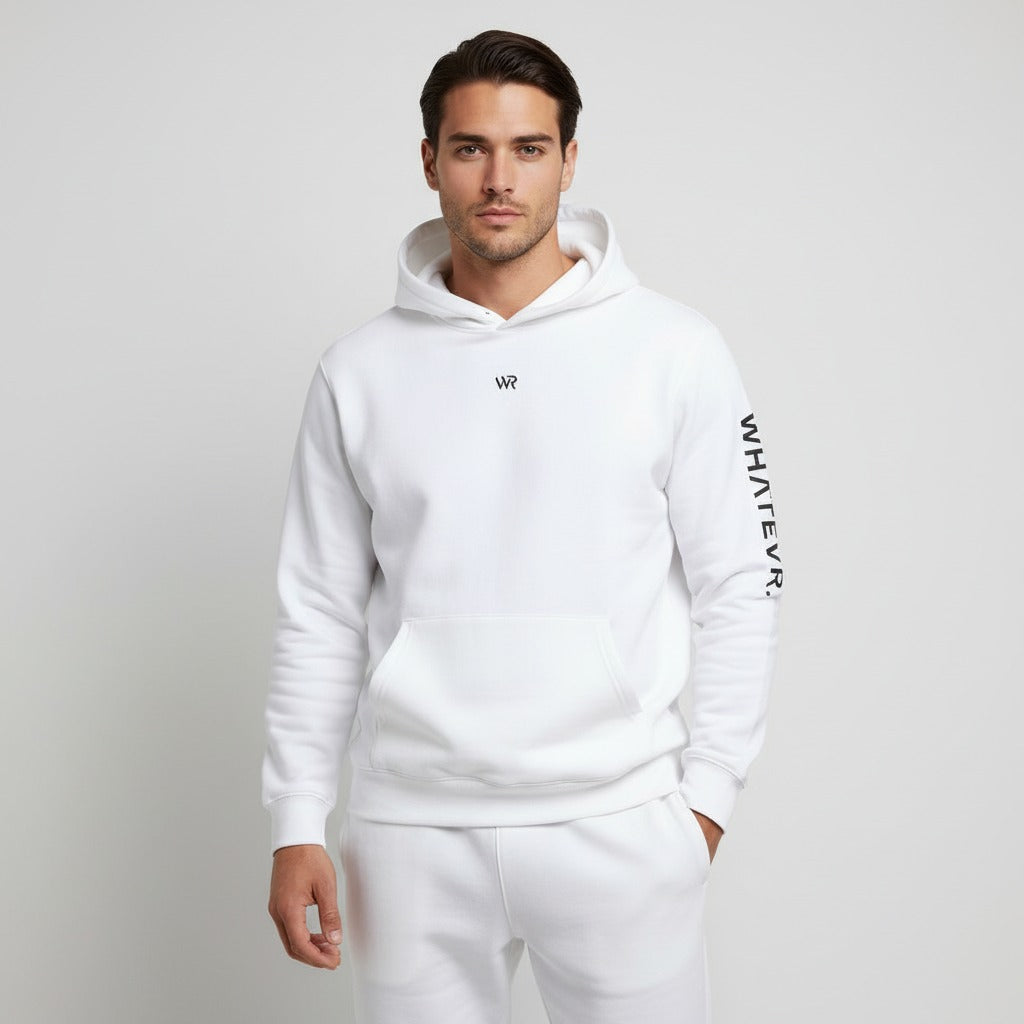 Men's premium heavyweight hoodie in white with "WR" logo, front view.