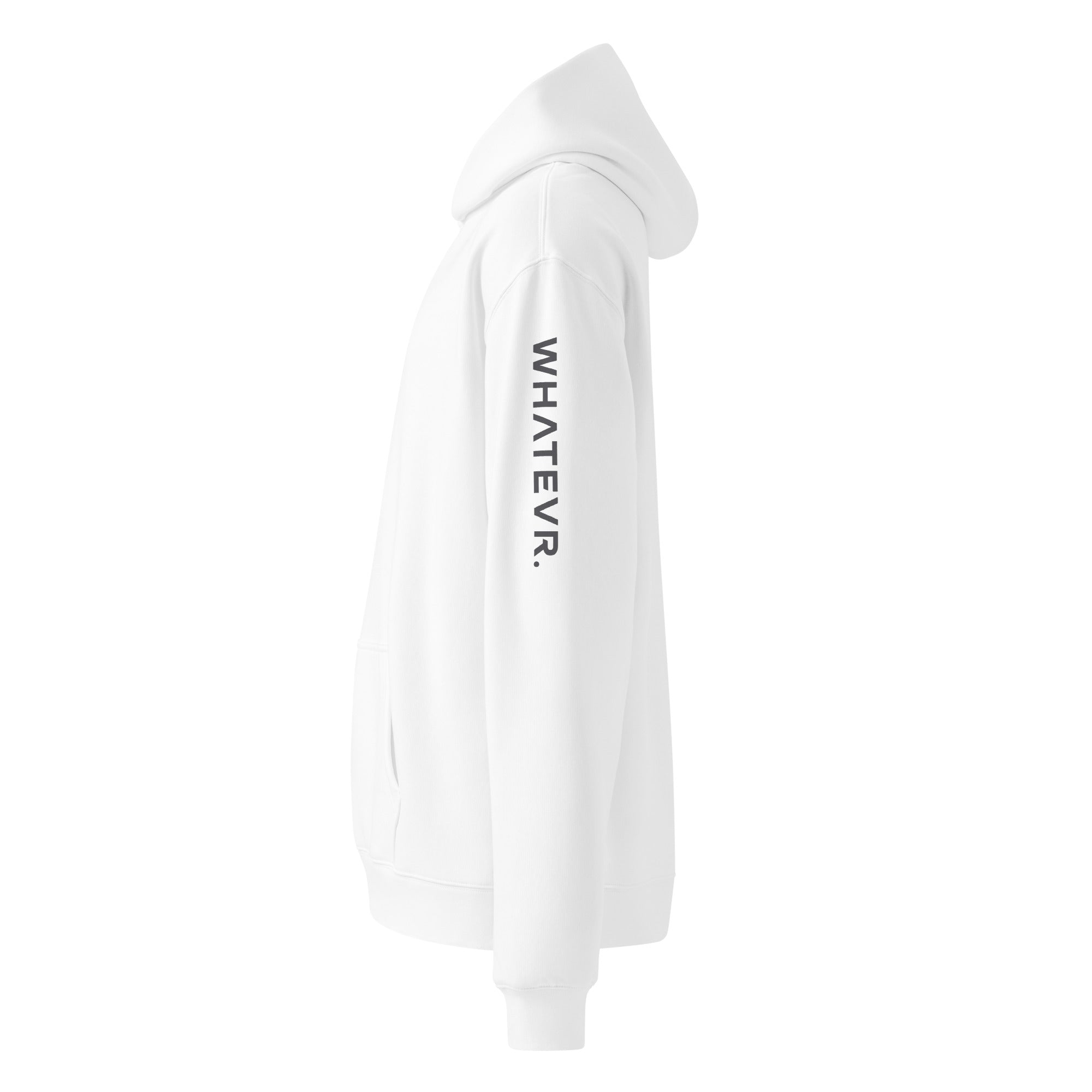 Men's premium heavyweight hoodie in white with "WHATEVR" text, side view.