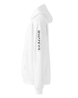 Men's premium heavyweight hoodie in white with "WHATEVR" text, side view.