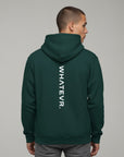 Men's premium heavyweight hoodie in green with "WHATEVR" text, back view.