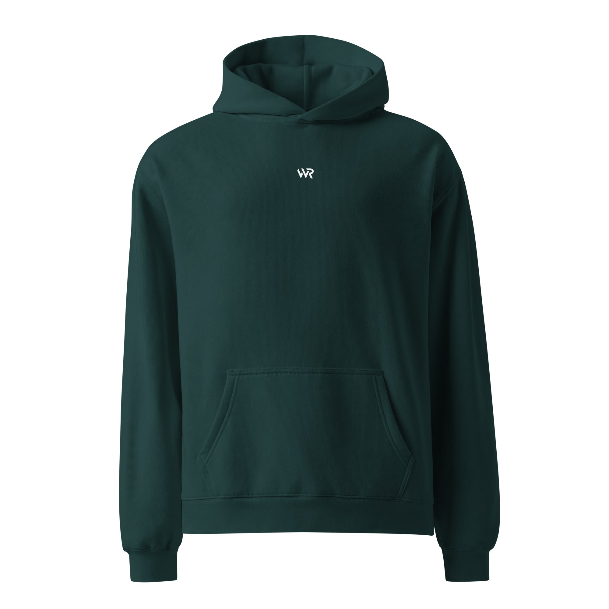 Men's premium heavyweight hoodie in green with "WR" logo, front view.
