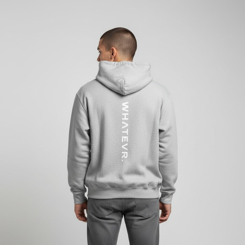 Men's premium heavyweight hoodie in heather grey with "WHATEVR" text, back view.