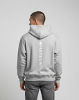 Men's premium heavyweight hoodie in heather grey with "WHATEVR" text, back view.