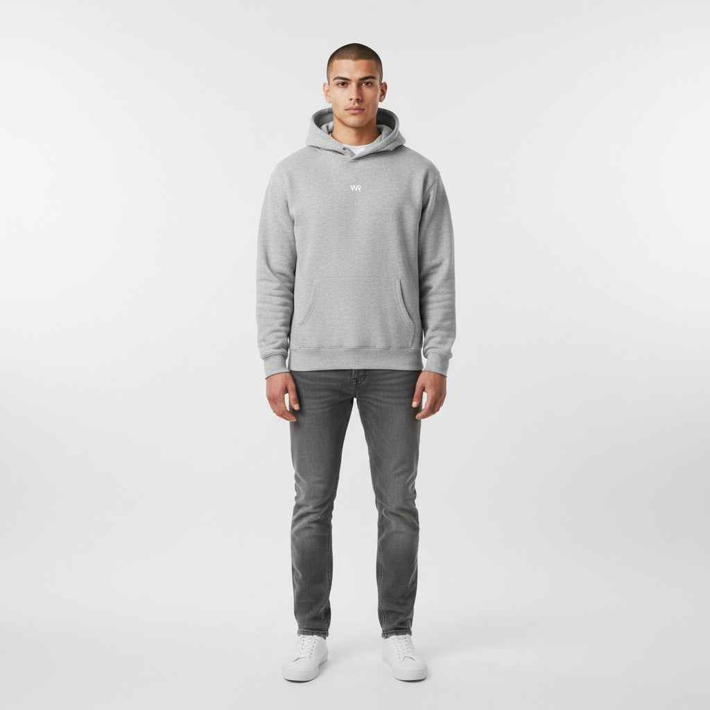 Men's premium heavyweight hoodie in heather grey with "WR" logo, front view.