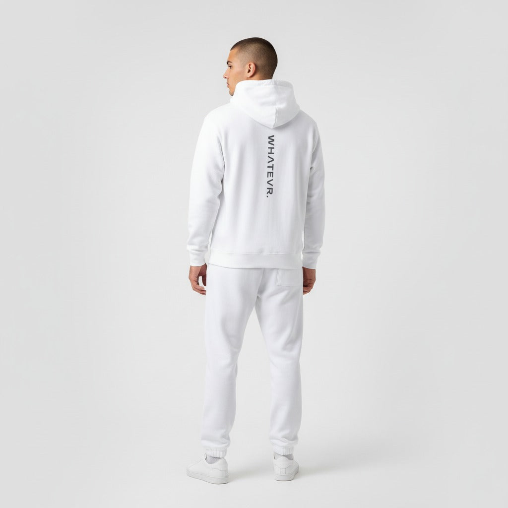 Men's premium heavyweight hoodie in white with "WHATEVR" text, back view.