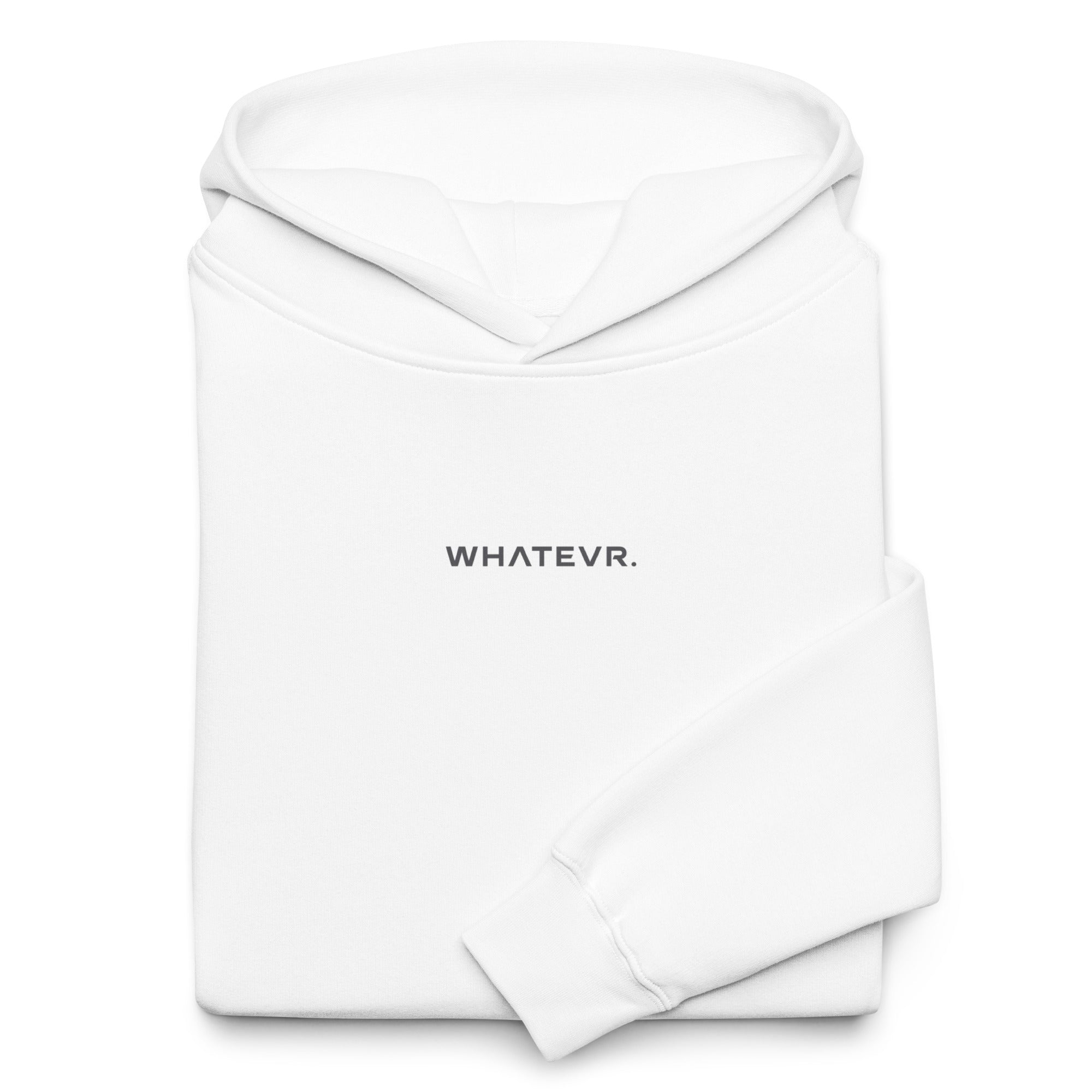 Men's premium heavyweight hoodie in white with "WHATEVR" text, front view.