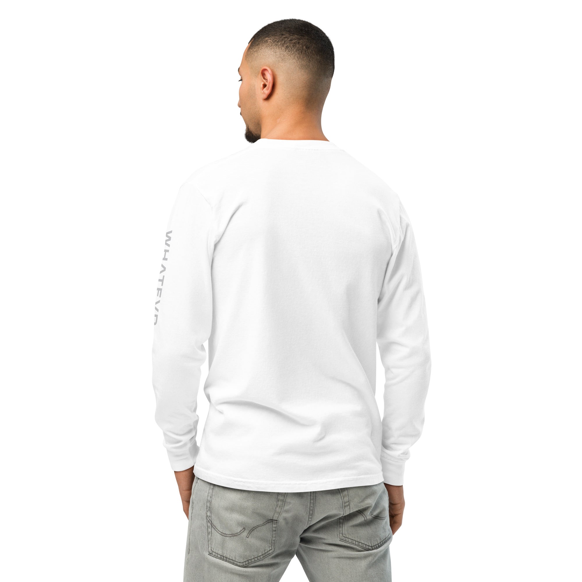 Men's premium heavyweight long sleeve t-shirt in white, back view