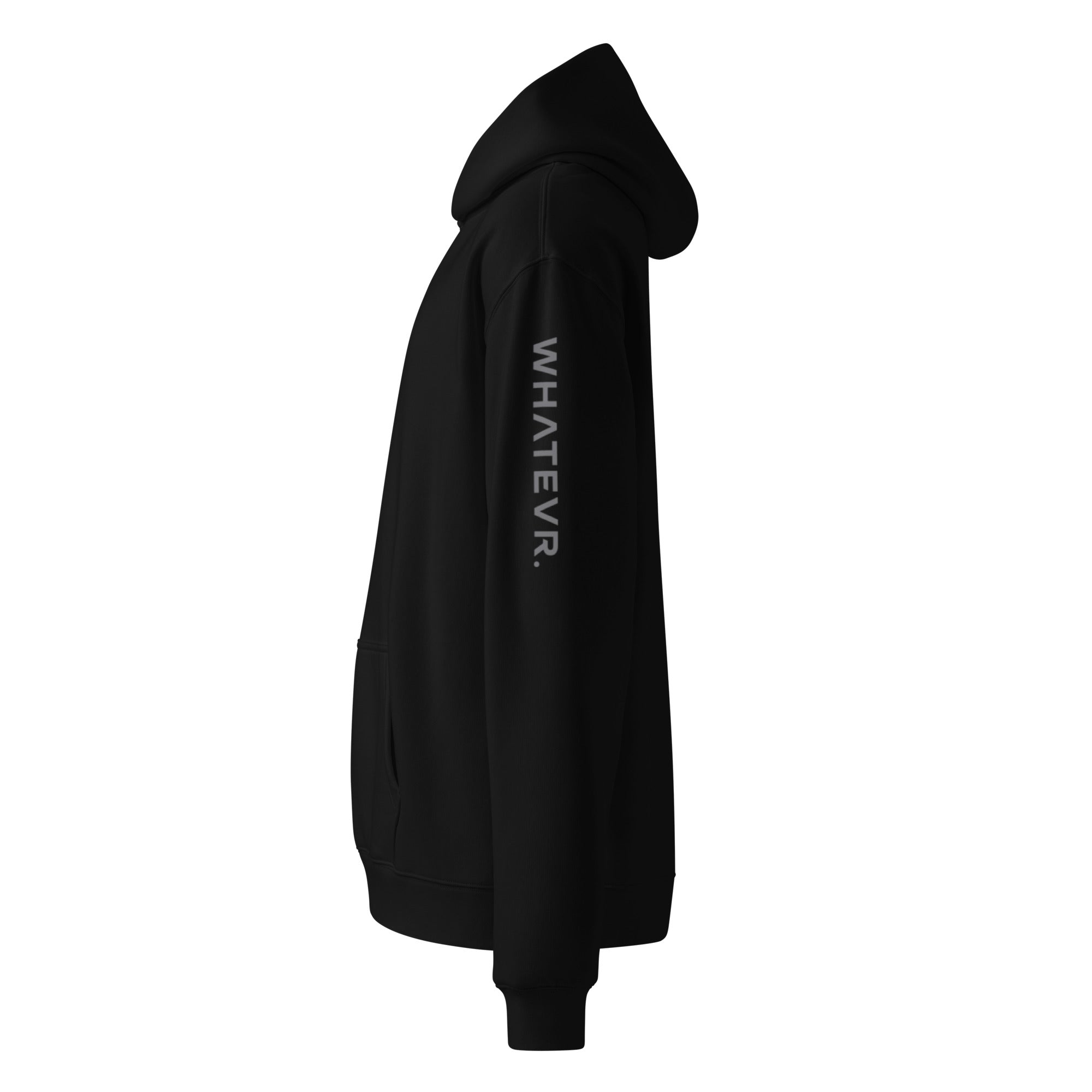 Men's premium heavyweight hoodie in black with "WHATEVR" text, side view.