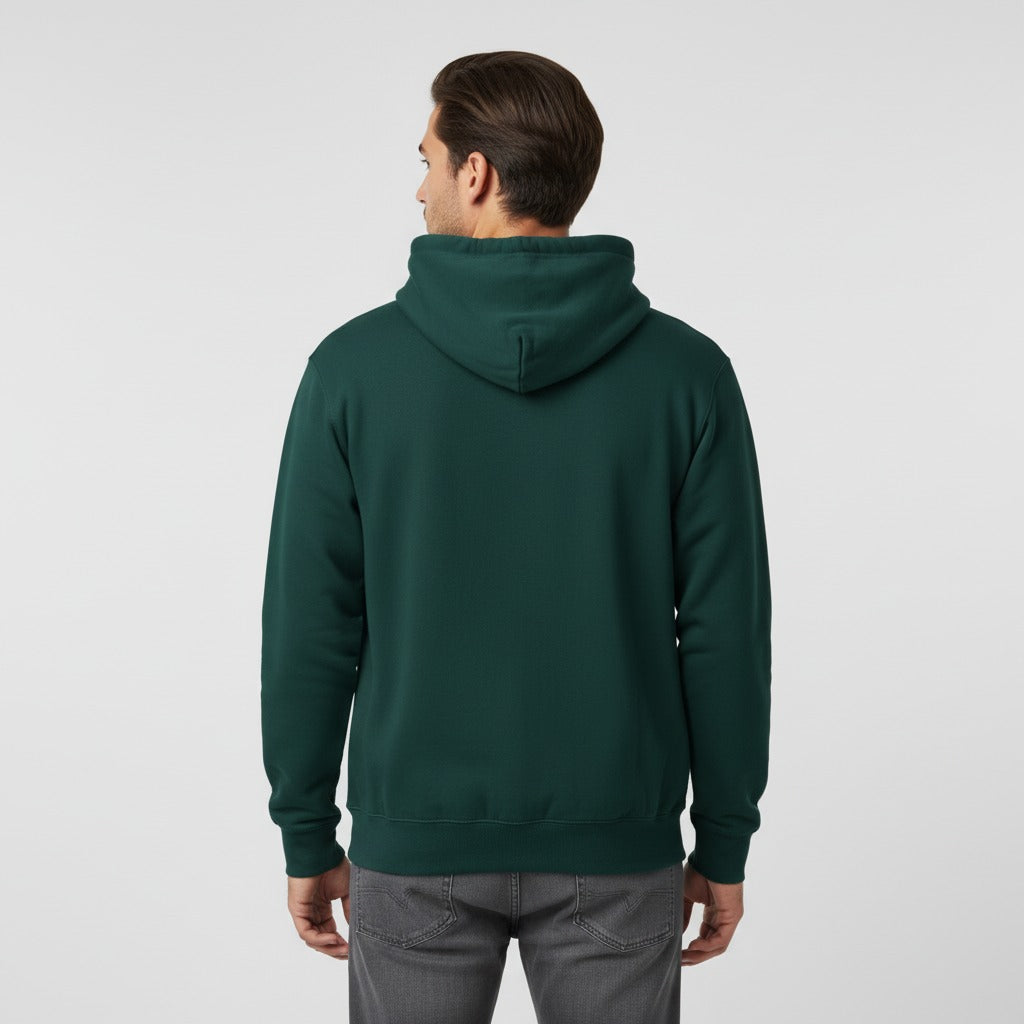 Men's premium heavyweight hoodie in green, back view.