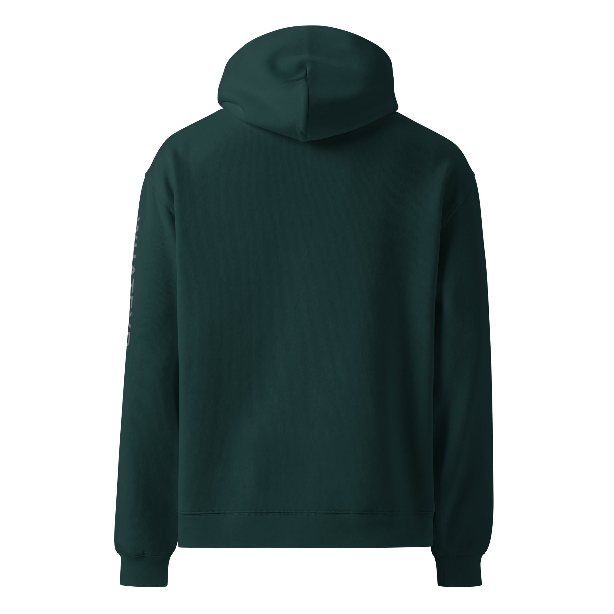 Men's premium heavyweight hoodie in green, back view.