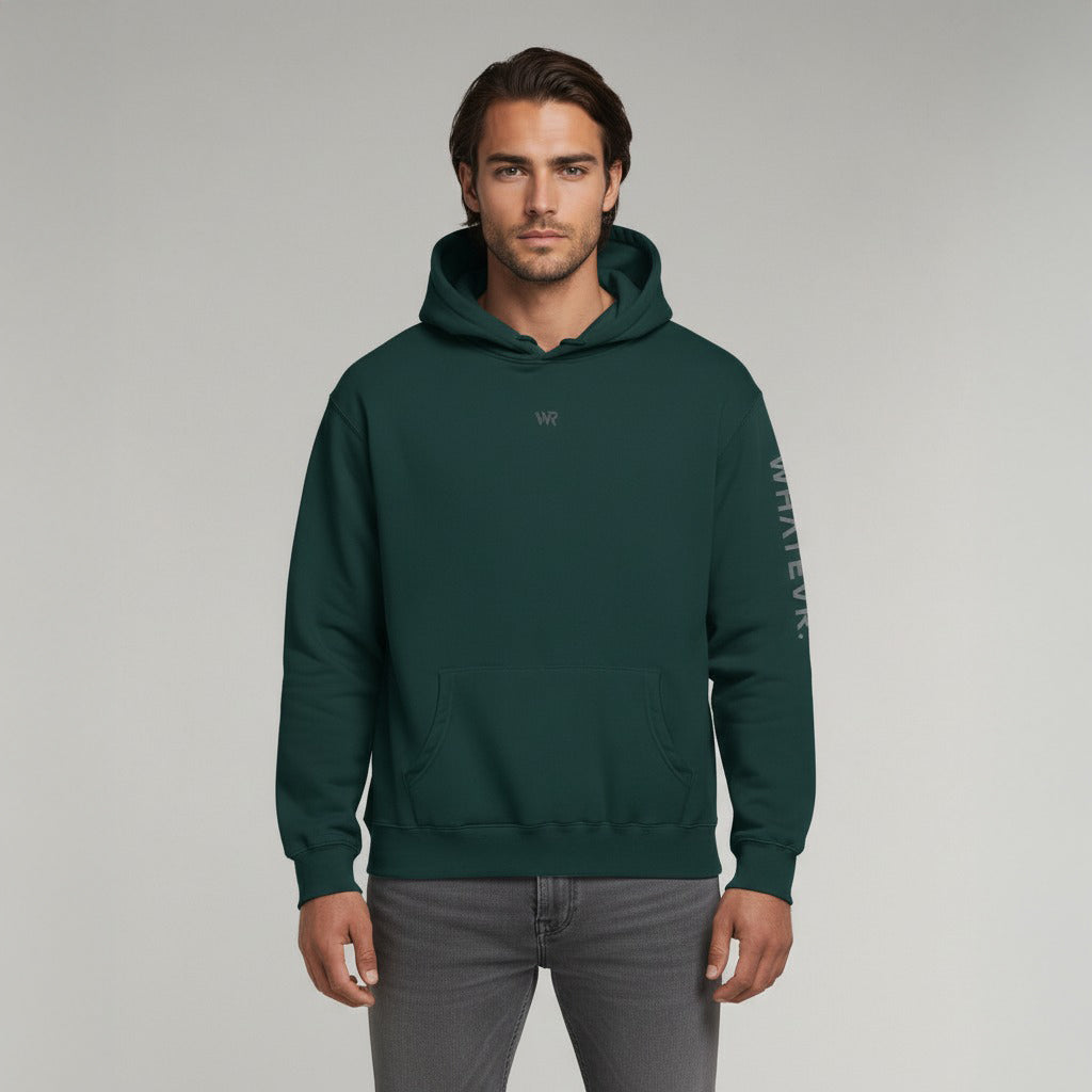 Men's premium heavyweight hoodie in green with "WR" logo, front view.