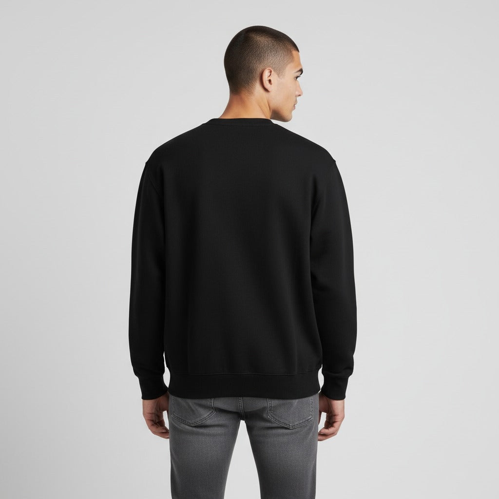 Men's premium crewneck sweatshirt in black with embroidered detailing, back view