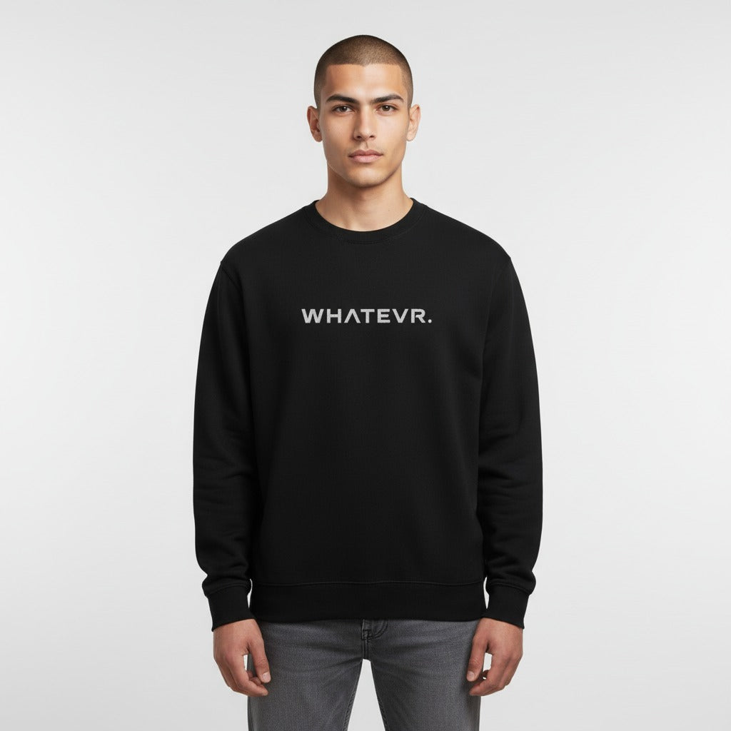 Men's premium crewneck sweatshirt in black with embroidered detailing, front view