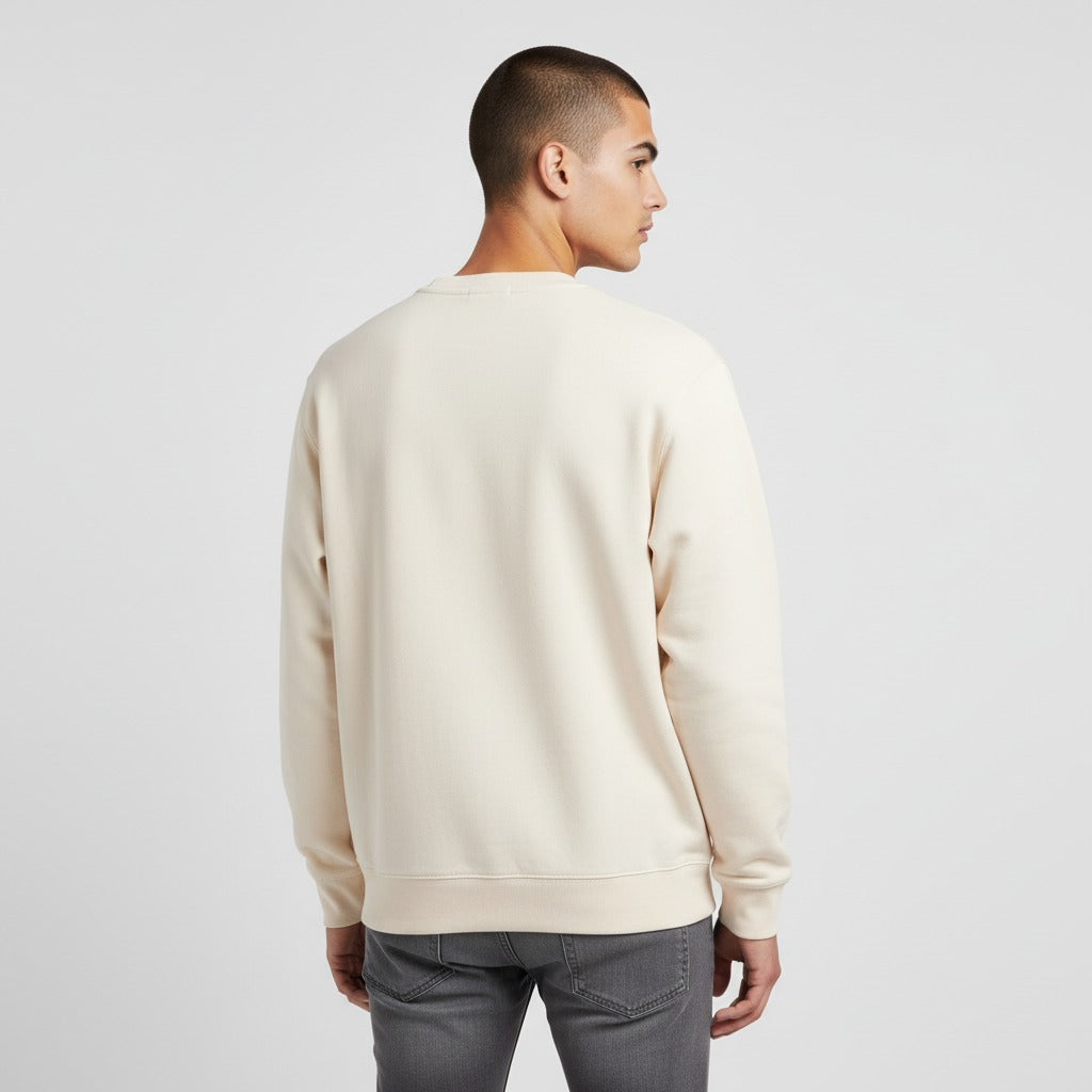 Men's premium crewneck sweatshirt in beige with embroidered detailing, back view