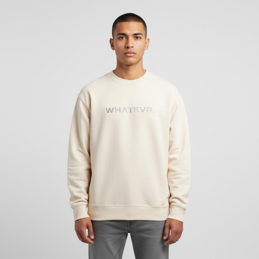 Men's premium crewneck sweatshirt in beige with embroidered detailing, front view