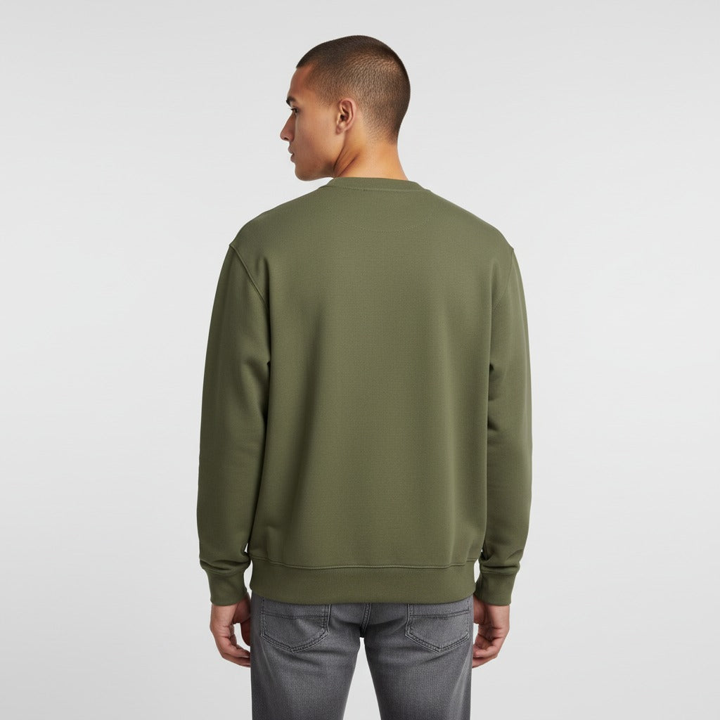 Men's premium crewneck sweatshirt in green with embroidered detailing, back view