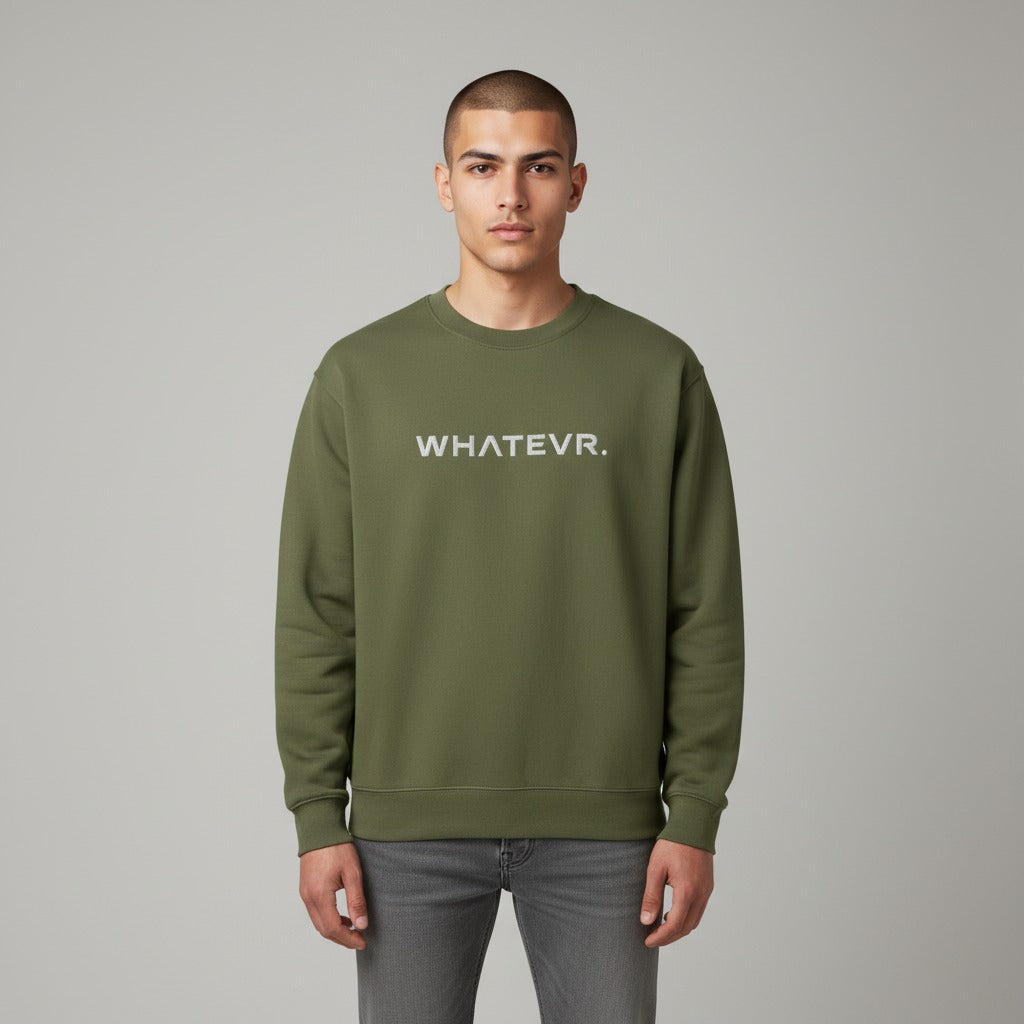 Men's premium crewneck sweatshirt in green with embroidered detailing, front view