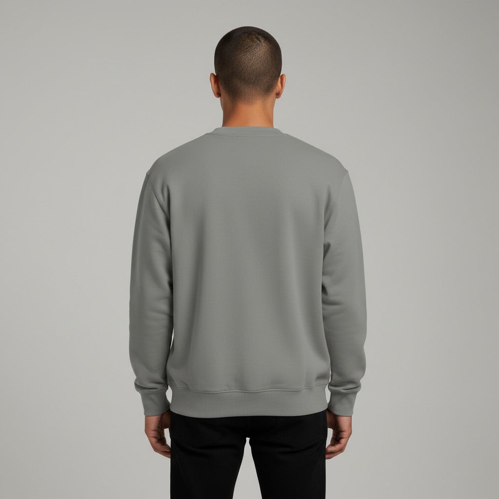 Men's premium crewneck sweatshirt in gray with embroidered detailing, back view