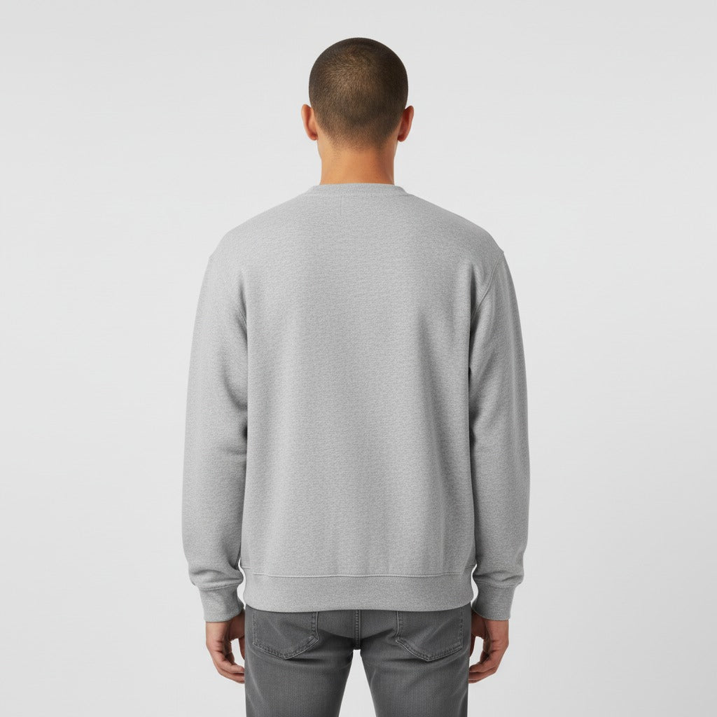 Men's premium crewneck sweatshirt in light gray with embroidered detailing, back view