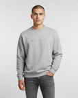 Men's premium crewneck sweatshirt in light gray with embroidered detailing, front view