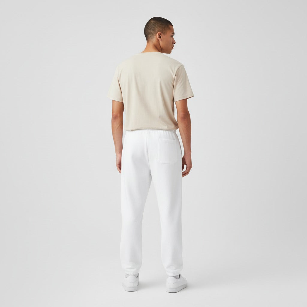 Men's heavyweight fleece sweatpants in white, back view.