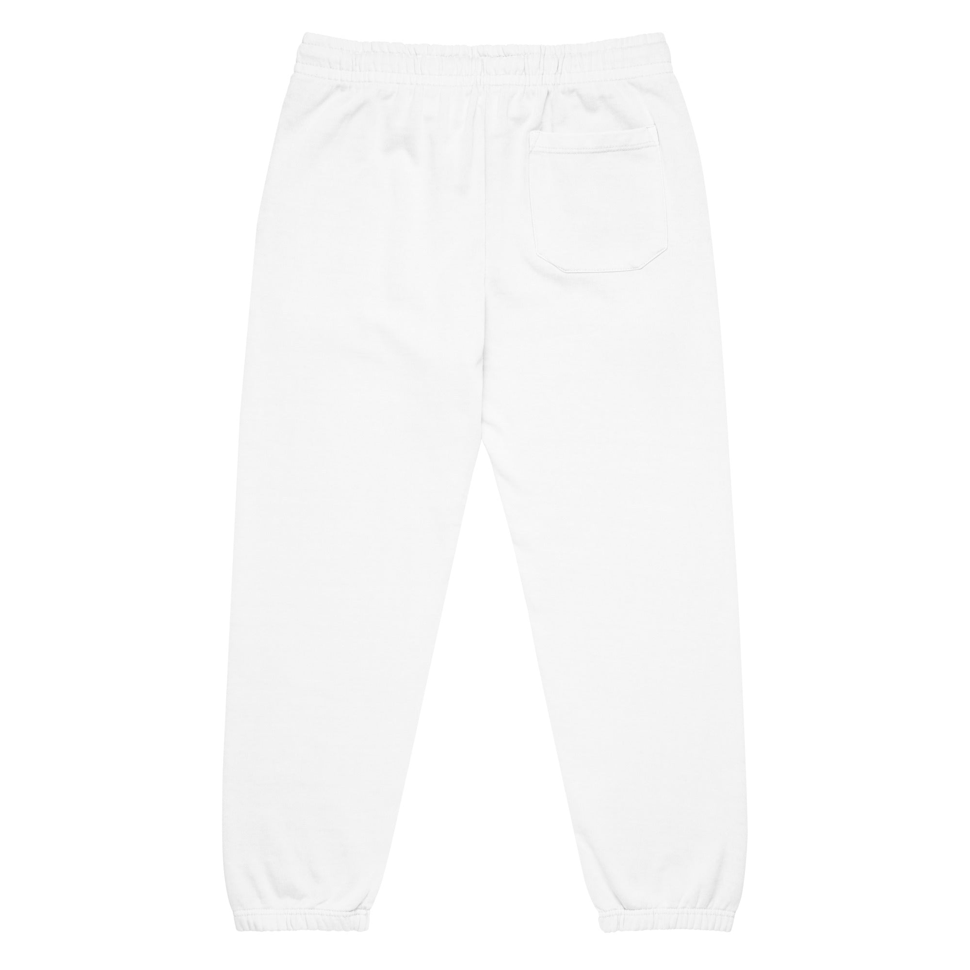 Men's heavyweight fleece sweatpants in white, back view.