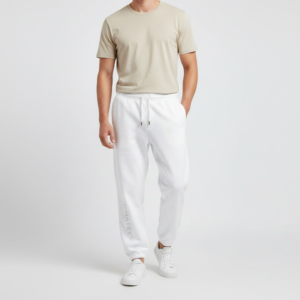 Men's heavyweight fleece sweatpants in white, front view.