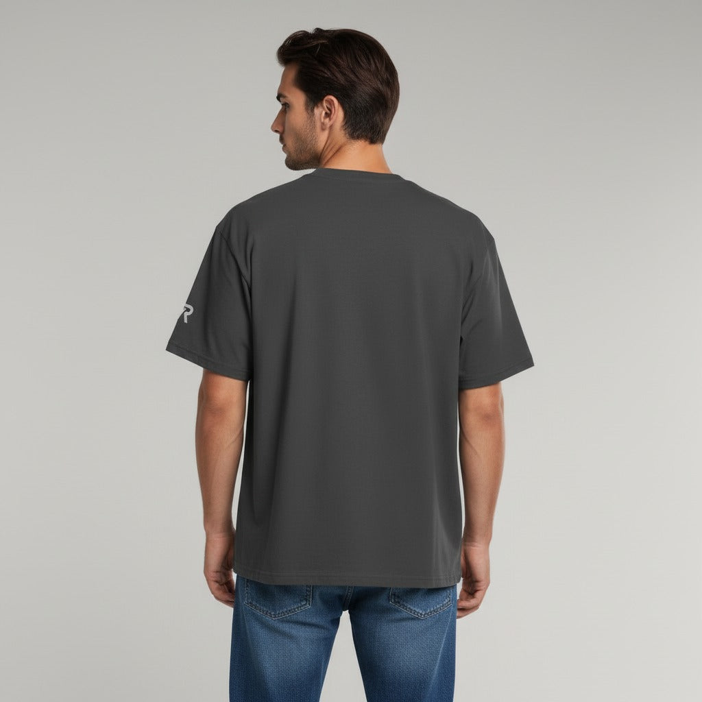 Men's premium heavyweight oversized t-shirt in gray with embroidered detailing, back view