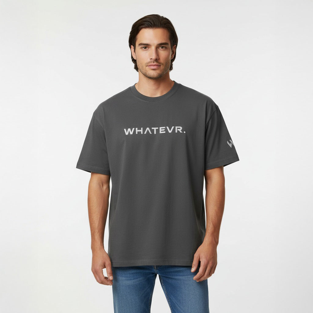 Men's premium heavyweight oversized t-shirt in gray with embroidered detailing, front view