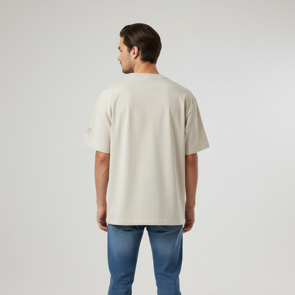 Men's premium heavyweight oversized t-shirt in beige with embroidered detailing, back view