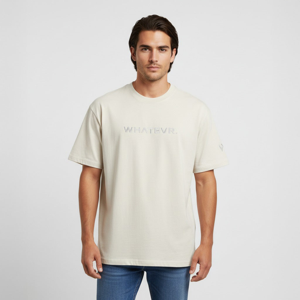 Men's premium heavyweight oversized t-shirt in beige with embroidered detailing, front view