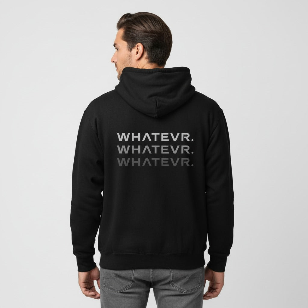 Men's premium heavyweight hoodie in green with "WHATEVR" text, back view.
