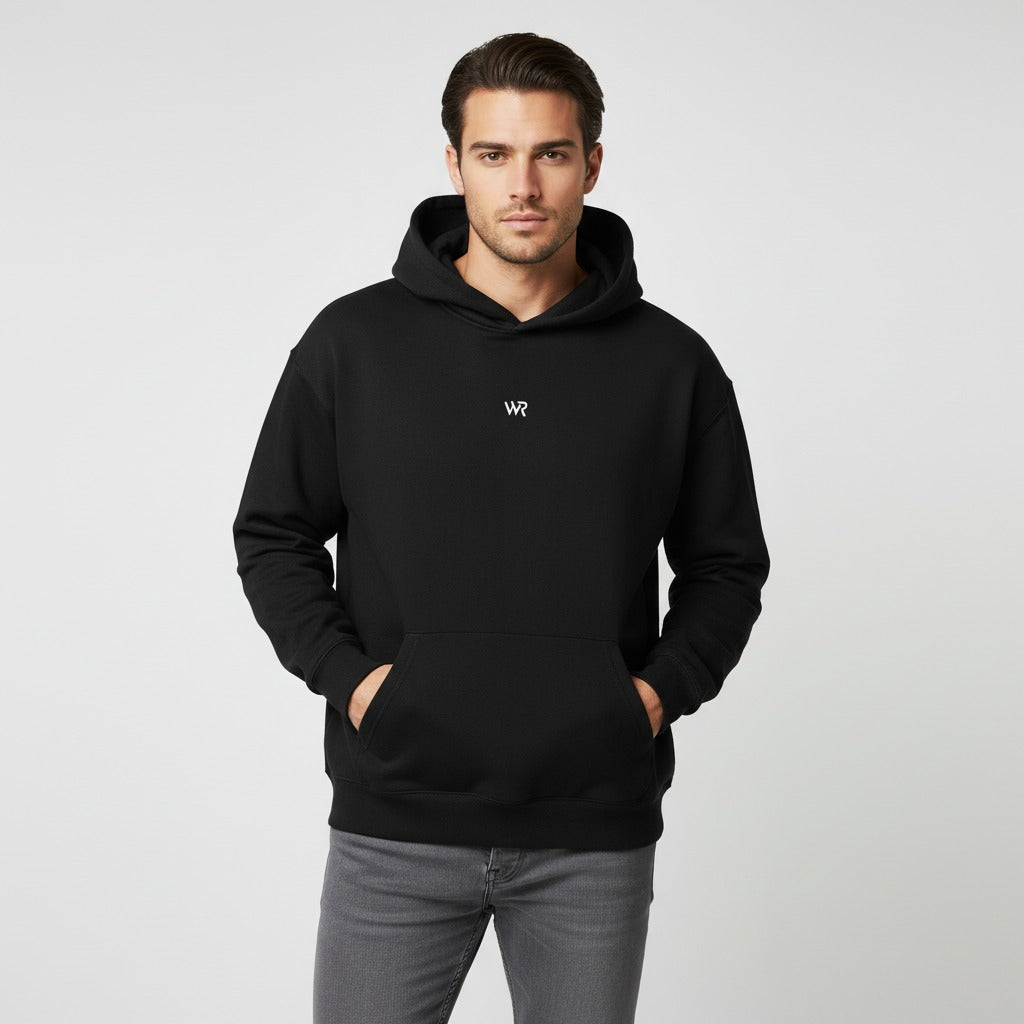 Men's premium heavyweight hoodie in green with "WR" logo, front view.