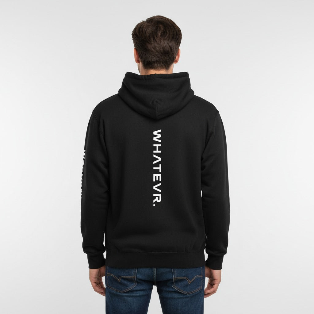 Men's premium heavyweight hoodie in black with "WHATEVR" text, back view.